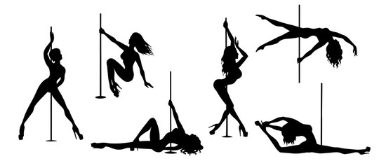 set of vector silhouette of girl and pole on a white background. Pole dance illustration for fitness, striptease dancers, exotic dance. Illustration EPS10 for logotype, badge, icon, logo, banner, tag.