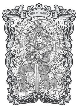 King of swords. Minor Arcana tarot card. The Magic Gate deck. Fantasy engraved vector illustration with occult mysterious symbols and esoteric concept