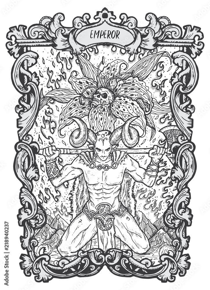 Wall mural emperor. major arcana tarot card. the magic gate deck. fantasy engraved vector illustration with occ