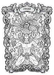 Emperor. Major Arcana tarot card. The Magic Gate deck. Fantasy engraved vector illustration with occult mysterious symbols and esoteric concept