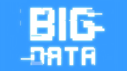 Fototapeta premium A giant text message on a digital light blue screen with a heavy distortion glitch fx: Big Data. 