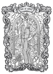 Page of wands. Minor Arcana tarot card. The Magic Gate deck. Fantasy engraved vector illustration with occult mysterious symbols and esoteric concept