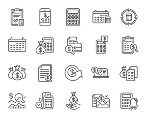 Accounting line icons. Set of Calculation, Check investment and Report linear icons. Calendar, Banking account and Finance documents symbols. Bill, Calculate income and Wealth auditing signs. Vector