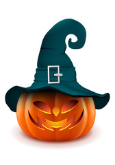 Halloween - Pumpkin with witch hat. Halloween pumpkin head row with expressions.