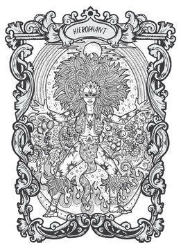 Hierophant. Major Arcana tarot card. The Magic Gate deck. Fantasy engraved vector illustration with occult mysterious symbols and esoteric concept