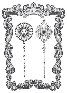 Two of wands. Minor Arcana tarot card. The Magic Gate deck. Fantasy engraved vector illustration with occult mysterious symbols and esoteric concept
