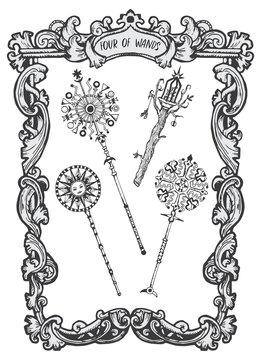 Four of wands. Minor Arcana tarot card. The Magic Gate deck. Fantasy engraved vector illustration with occult mysterious symbols and esoteric concept