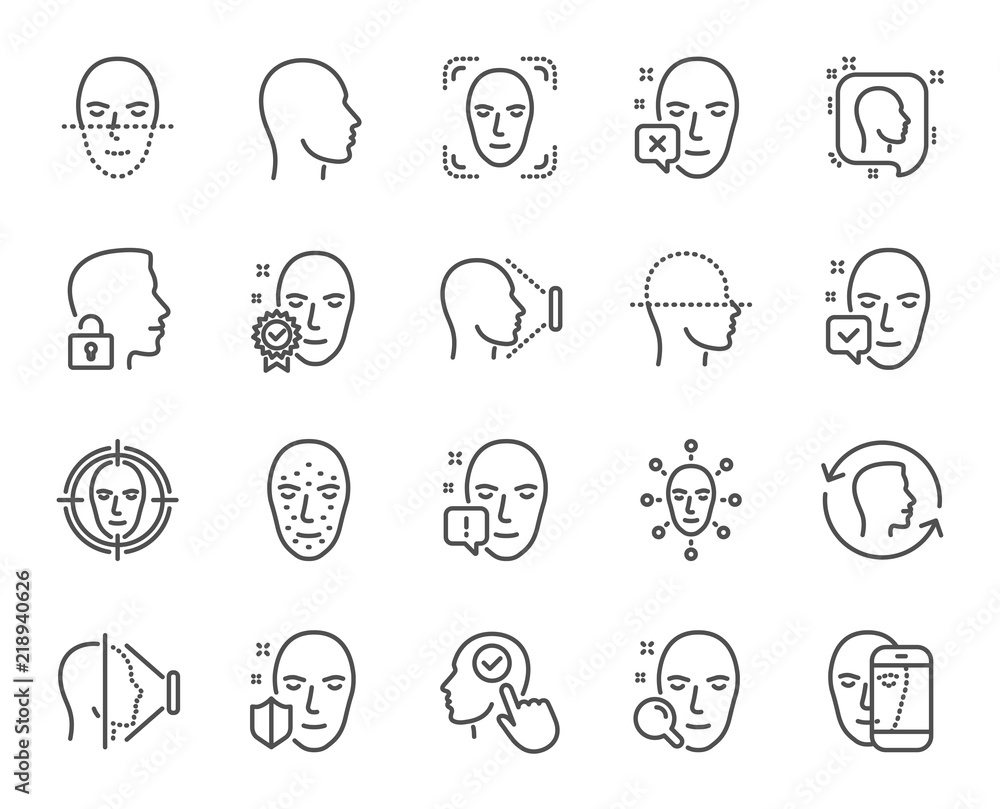Poster face recognition line icons. set of faces biometrics detection, scanning and unlock system linear ic