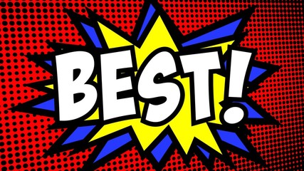 A comic strip cartoon animation, with the word Best appearing. Green and halftone background, star shape effect.
