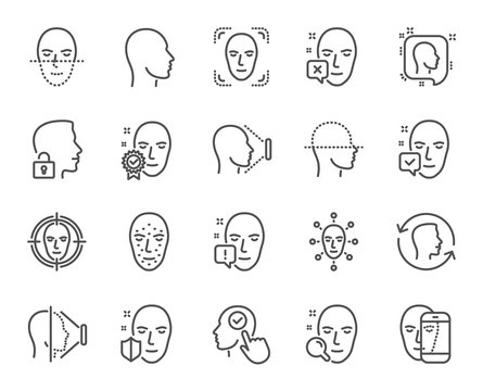 Face recognition line icons. Set of Faces biometrics detection, scanning and unlock system linear icons. Facial scan, identification and Face id symbols. Vector