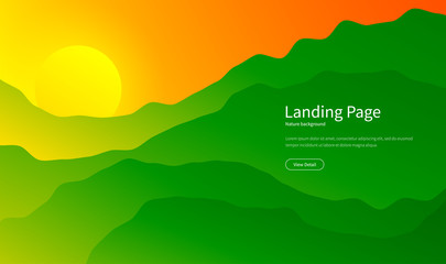 Mountain landscape. Majestic mountains background. Panorama view. Summer sunset in the hills. Hiking tourism. Green forest. Landing page concept. Vector