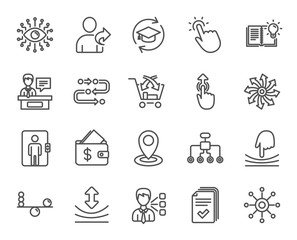 Artificial intelligence, Balance and Refer a friend line icons. Continuing education, Methodology and Exhibitors signs. Swipe up, Elastic and Click here symbols. Wallet with Dollars. Vector