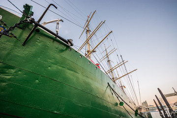 Port of Hamburg in Germany big sailing boat in Harbor.