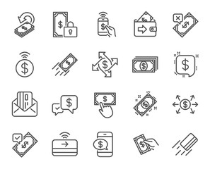 Payment line icons. Set of Accept transfer, Pay with Phone and Credit card by mail linear icons. Online payment, Dollar exchange and Fast money send symbols. Private pay, Cash and Wallet. Vector