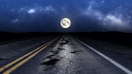 Driving night road under stars and moon, loop