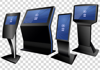 Four Promotional Interactive Information Kiosk, Advertising Display, Terminal Stand, Touch Screen Display isolated on transparent background. Mock Up Template.
