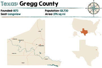 Detailed map of Gregg county in Texas, USA.