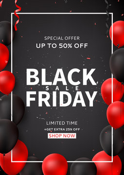 Promo poster for Black Friday sale. Dark background with black and red balloons for seasonal discount offer. Vector illustration with confetti and serpentine.