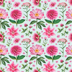 Watercolor illustrations of pink flowers. Seamless pattern