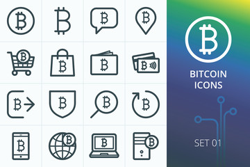 Bitcoin icons set. Set of bitcoin wallet symbol, crypto currency, blockchain, accept, cashout, mining vector icons
