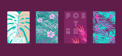 Poster with tropical flat geometric pattern. Cool colorful backgrounds. Applicable for Banners, Placards, Posters, Flyers. Vector illustration. - 218944009