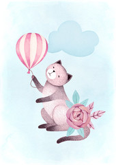 Obrazy  Akwarele ilustracji kota i kwiatów