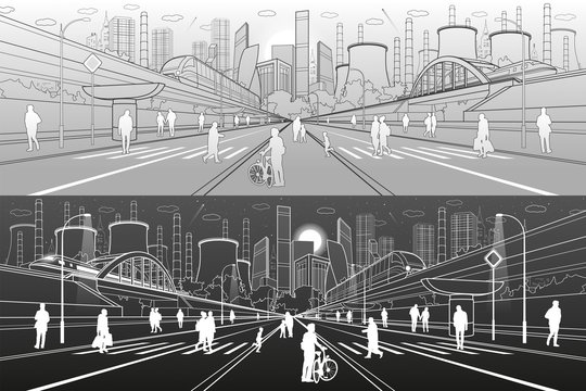 Urban City Infrastructure Illustration. People walking at street. Modern town. Train move on bridge. Illuminated highway. Factory thermal power plant. Monorail road. Vector design art