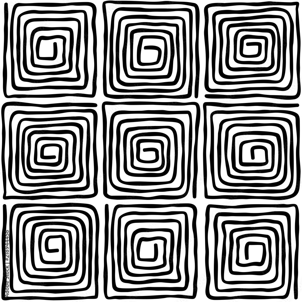 Poster nine black square spirals. seamless pattern. loose, irregular and hand drawn spirals. tile and templ