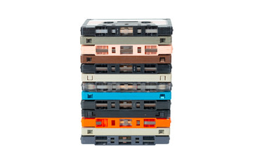 Cassette tapes stack ,side view. Obsolete technology of audio recording and playback format audio...