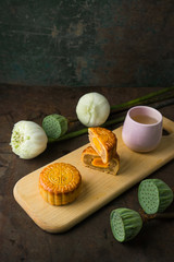 Moon cakes are offered to friends or on family gathering during the mid-autumn festiva. Mooncake and tea 
