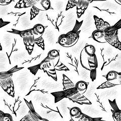 Seamless pattern with sparrows and twigs