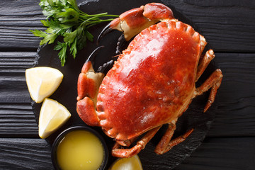 beautiful cooked brown crab close-up on a black background. Horizontal top view