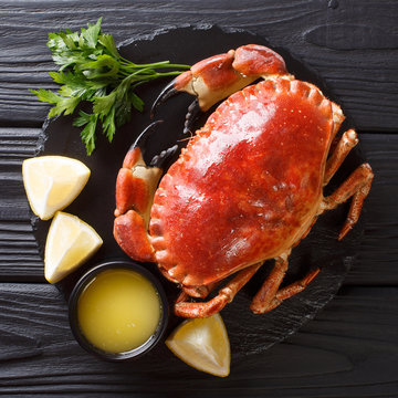 tasty boiled whole brown crab with sauce, lemon and parsley on a stone board close-up. top view