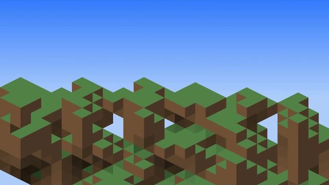 3D cubes loop. Video game isometric geometric mosaic pattern. Construction of hills landscape using brown and green grass blocks against blue sky background. With copy space at top.
