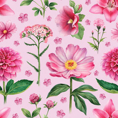 Watercolor illustrations of pink flowers. Seamless pattern