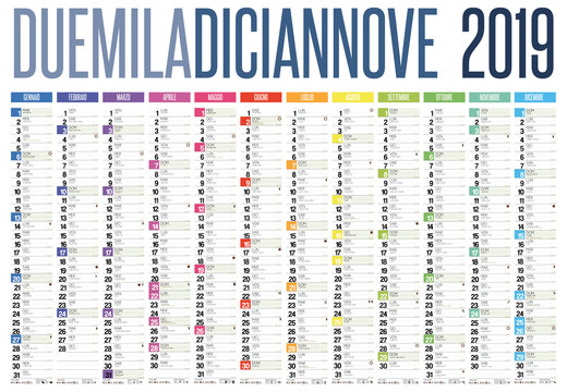 2019 italian calendar with italian holidays, zodiac , saints, moon phases, astronomical events, sunset and sunrise