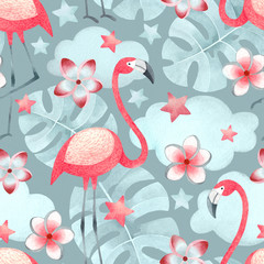 Watercolor illustrations of flamingos, tropical flowers and leaves. Seamless tropical pattern