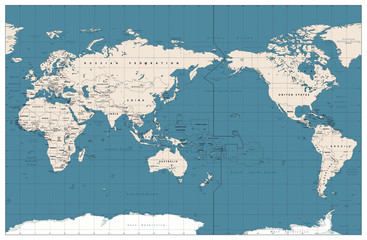 Pacific Centered World Map Vintage Color