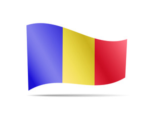 Waving Romania Flag on white. Flag in the Wind.
