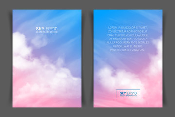 Two-sided vertical flyer of a4 format with realistic pink-blue sky and clouds. The image can be used to design a banner, poster and postcard.