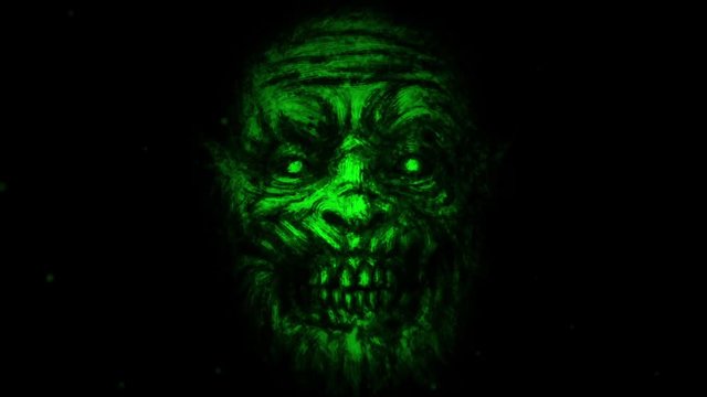 Scary zombie face on black background. Animation in genre of horror. Green monster character face.