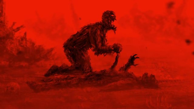 Terrible zombie sits and eats its prey. Animation in genre of horror. Red background color.