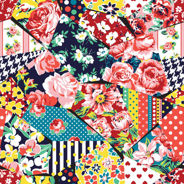 Rose flower abstract vector fabric patchwork seamless pattern 