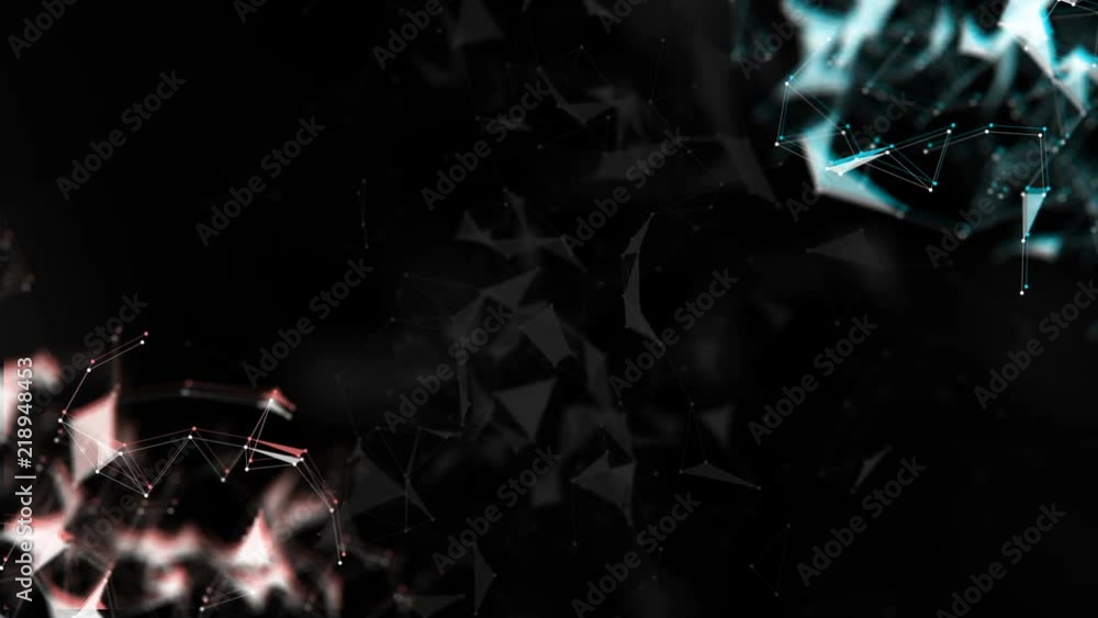 Poster Red and blue. Black background. Depth of field.Scientific background and abstract technology. Plexus digital dynamic wallpaper. Bound lines, triangles and points. Loop Animation