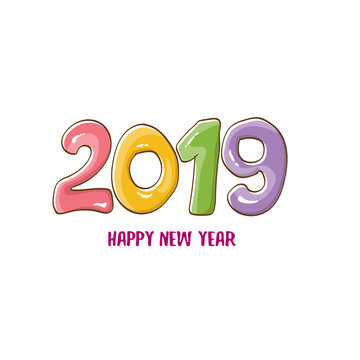 2019 Happy New Year poster design template. Vector happy new year greeting illustration with colored hand drawn 2019 numbers and stars isolated on white background