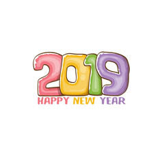 2019 Happy New Year poster design template. Vector happy new year greeting illustration with colored hand drawn 2019 numbers and stars isolated on white background