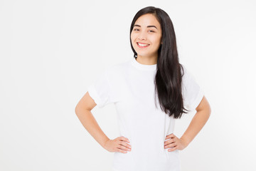 Young asian woman with brunette healthy clean shiny hair isolated on white background. Girl long...