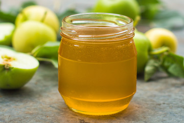 honey and apples. food background. copy space