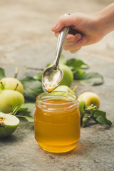 honey and apples. food background. copy space