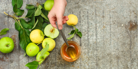 honey and apples. food background. copy space